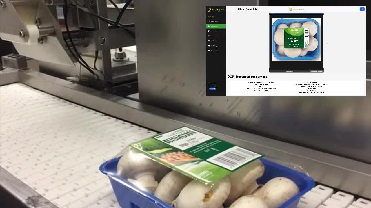 Labeled produce tray at an OCR inspection station