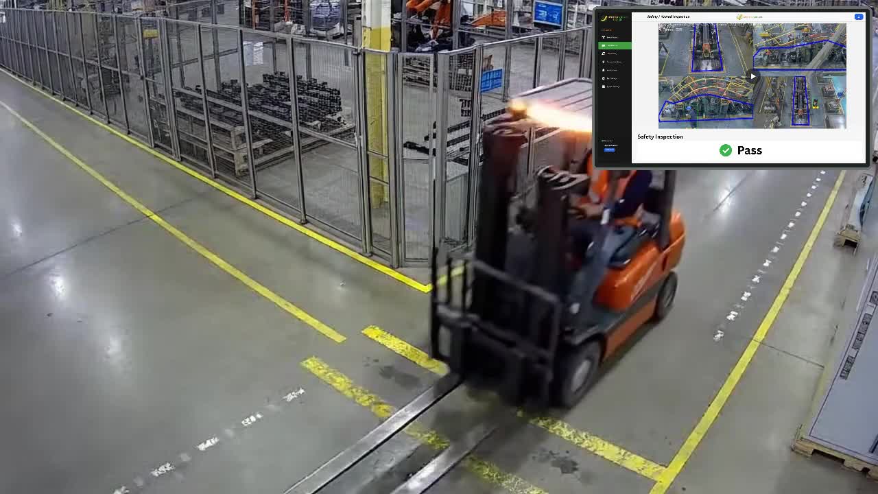 Forklift moving through a monitored plant safety zone