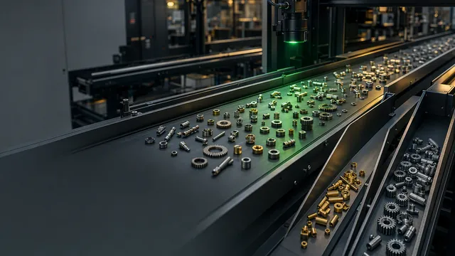 Mixed machined parts being counted and sorted on a conveyor