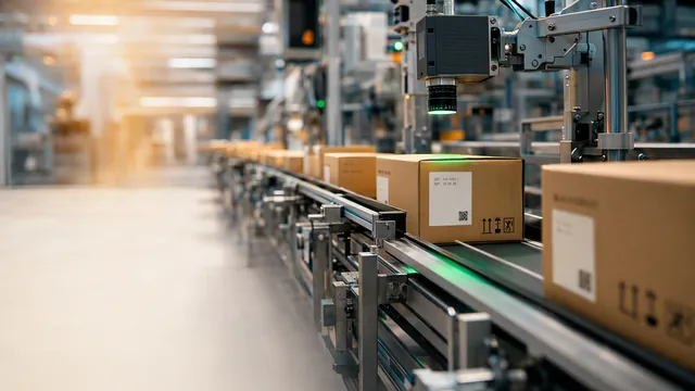 Industrial camera reading codes on packages in motion