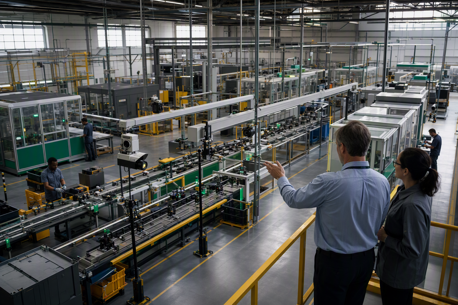 Operations leader and engineer viewing several camera-enabled production lines
