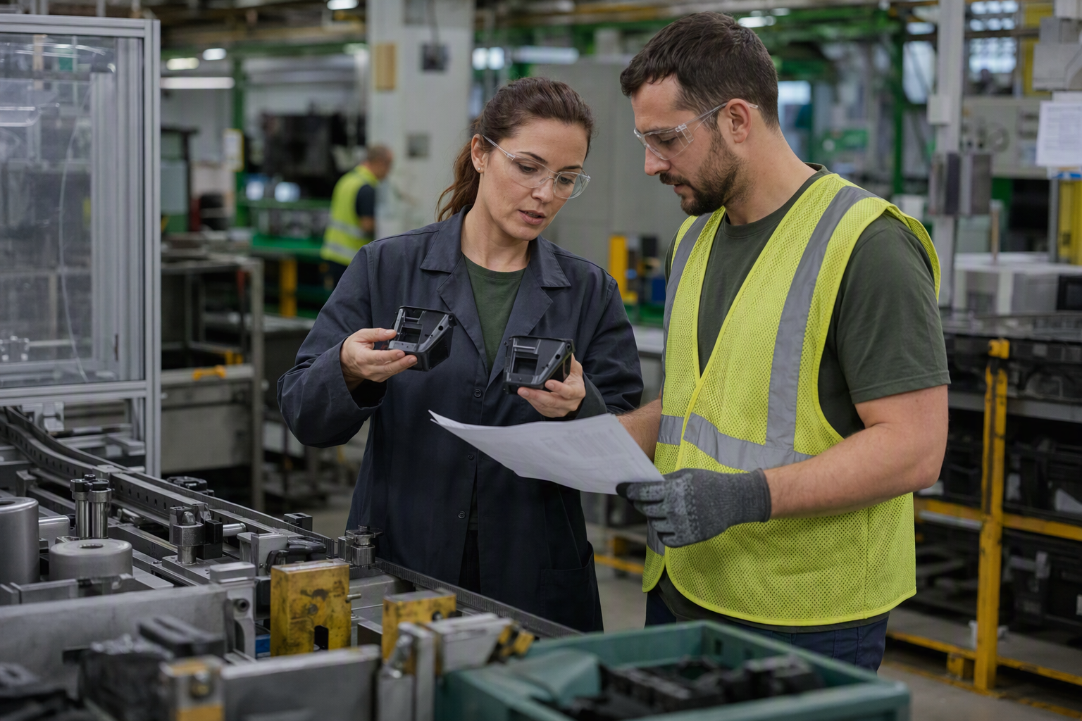 Quality engineer and operator reviewing changing product variants