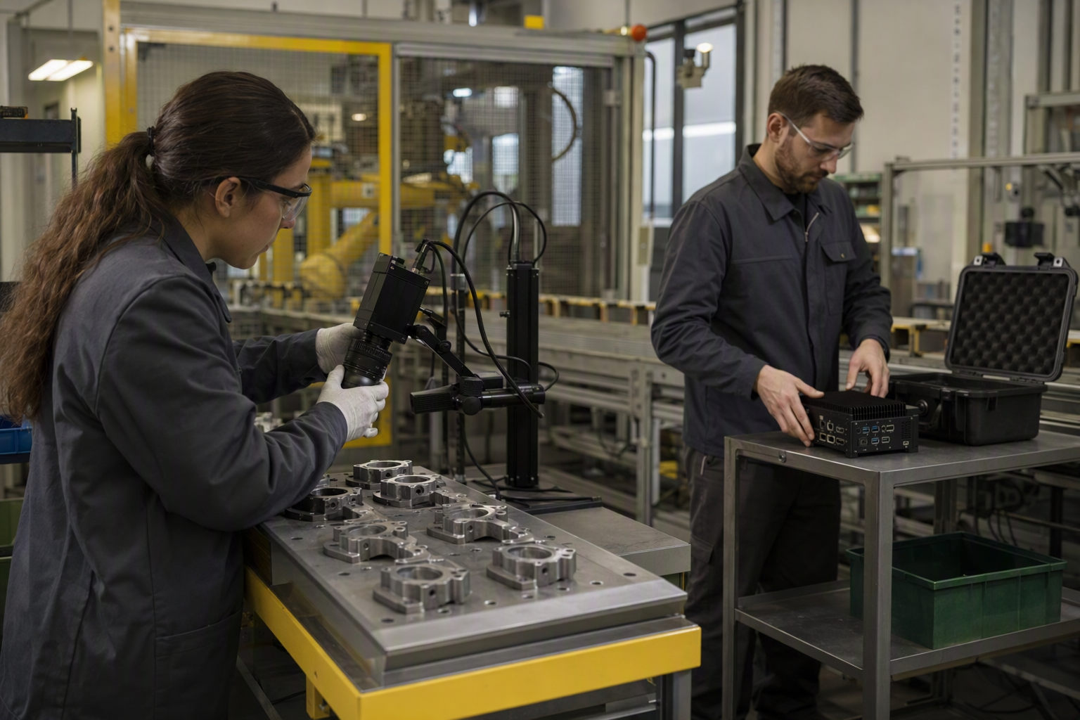 Plant experts working with an industrial camera and edge deployment equipment