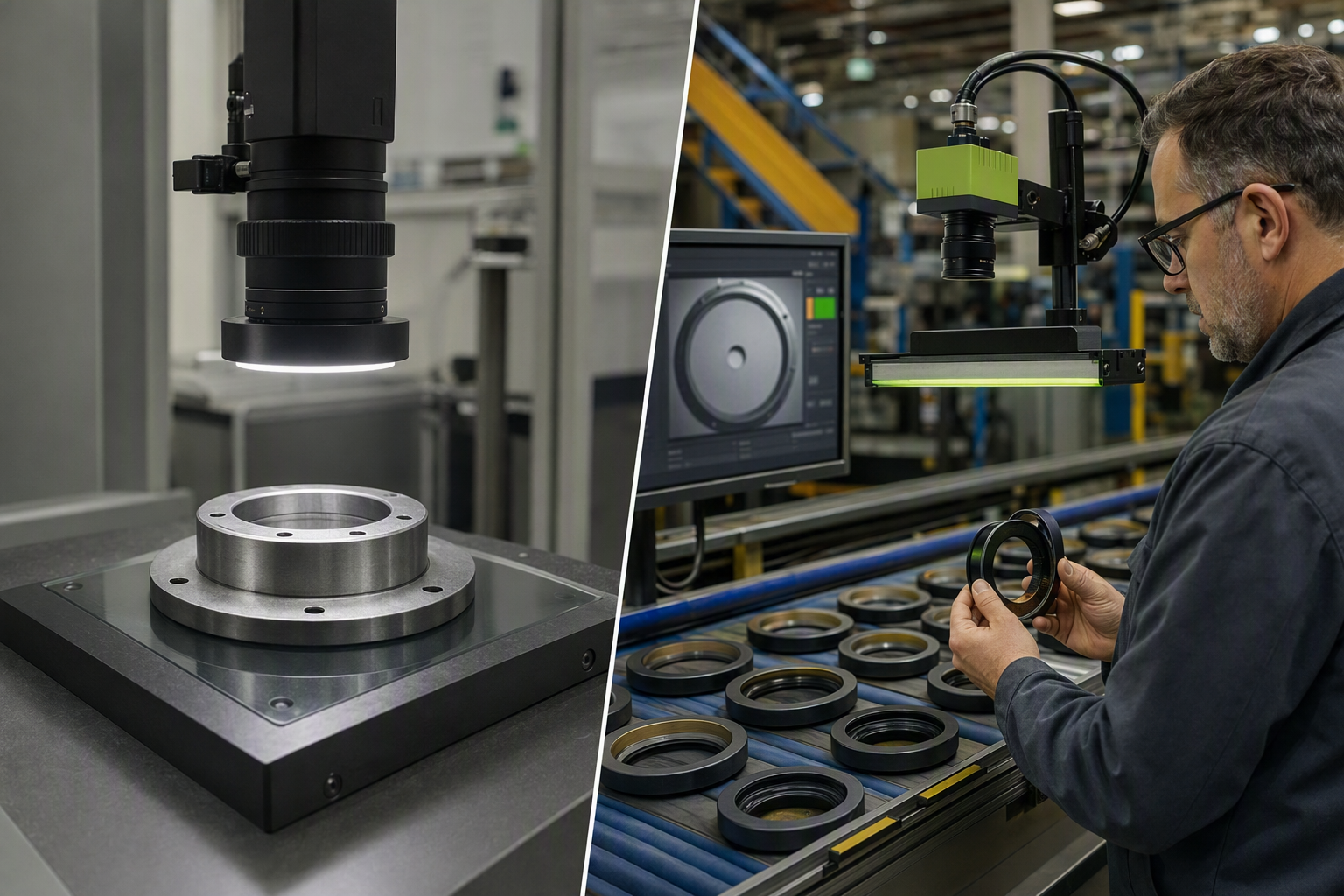 Two manufacturing inspection environments illustrating fixed and variable visual conditions