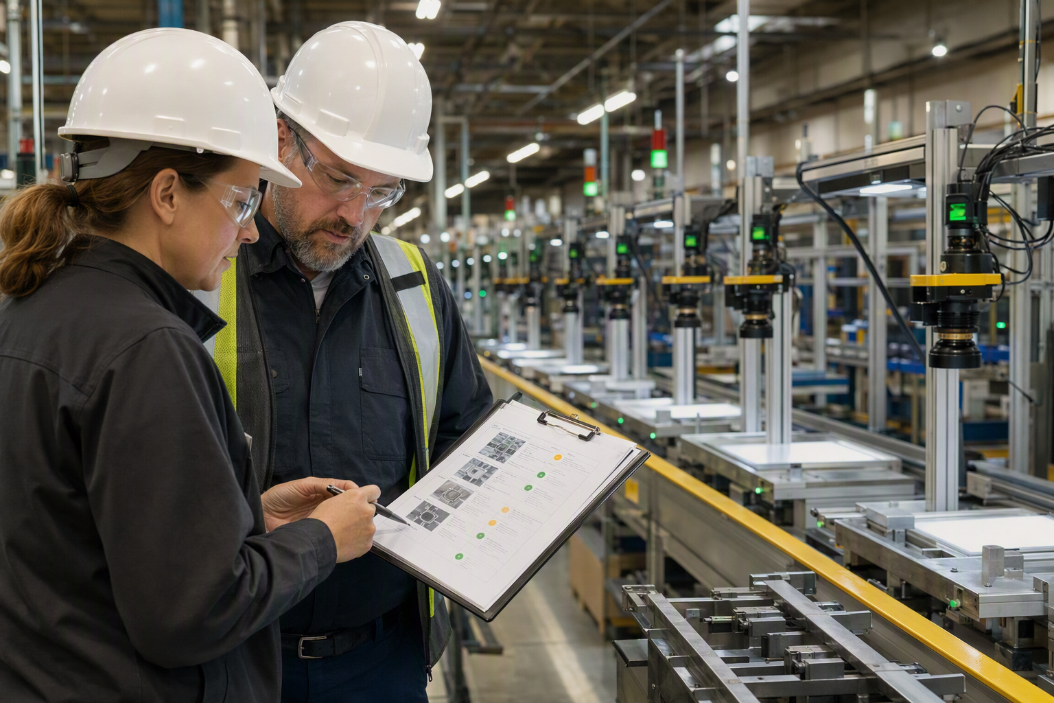 Plant leaders reviewing visual inspection opportunities beside a production line