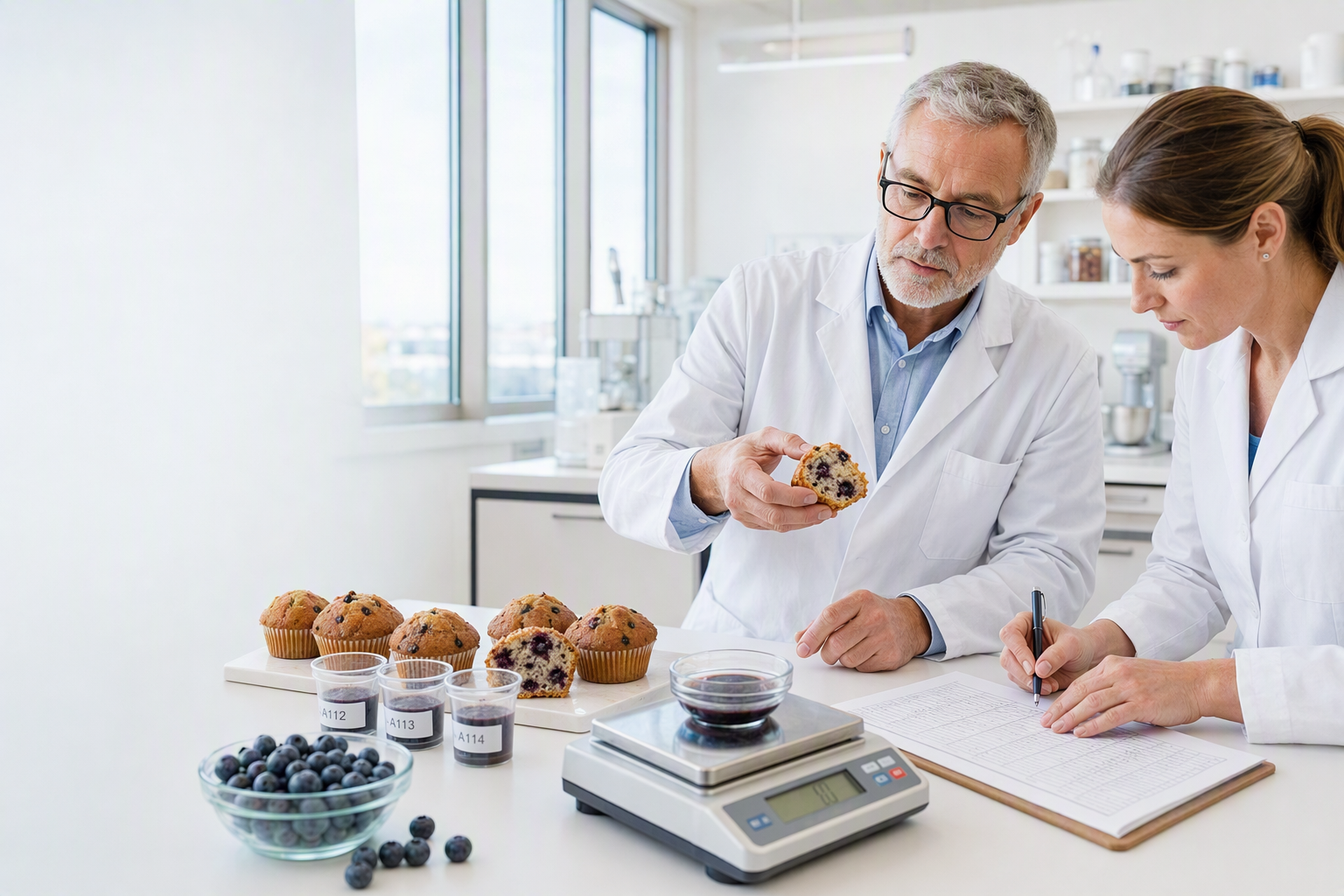 Flavorist and application scientist evaluating blueberry muffins in a food applications laboratory
