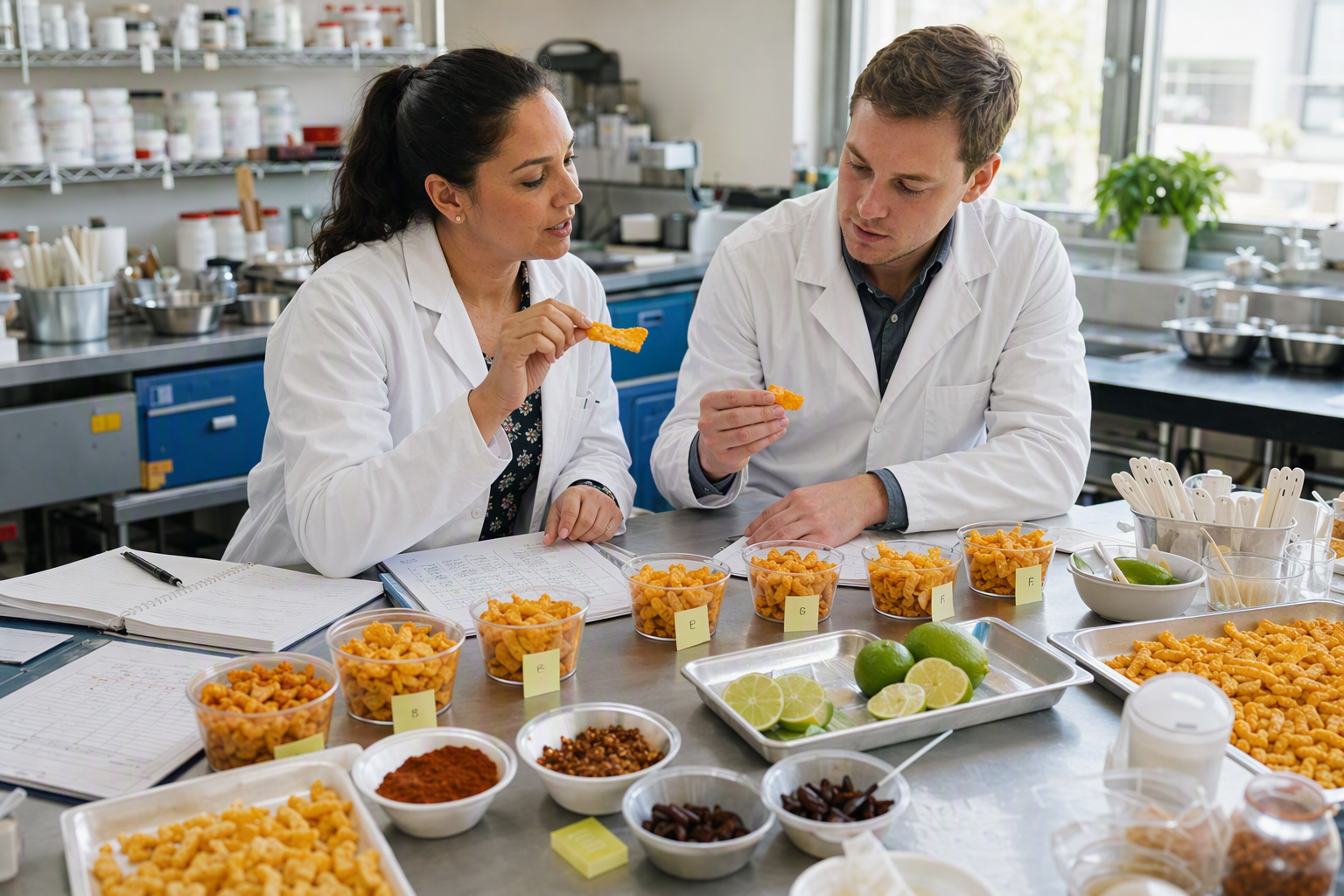 Food flavor experts comparing savory snack samples against a customer brief