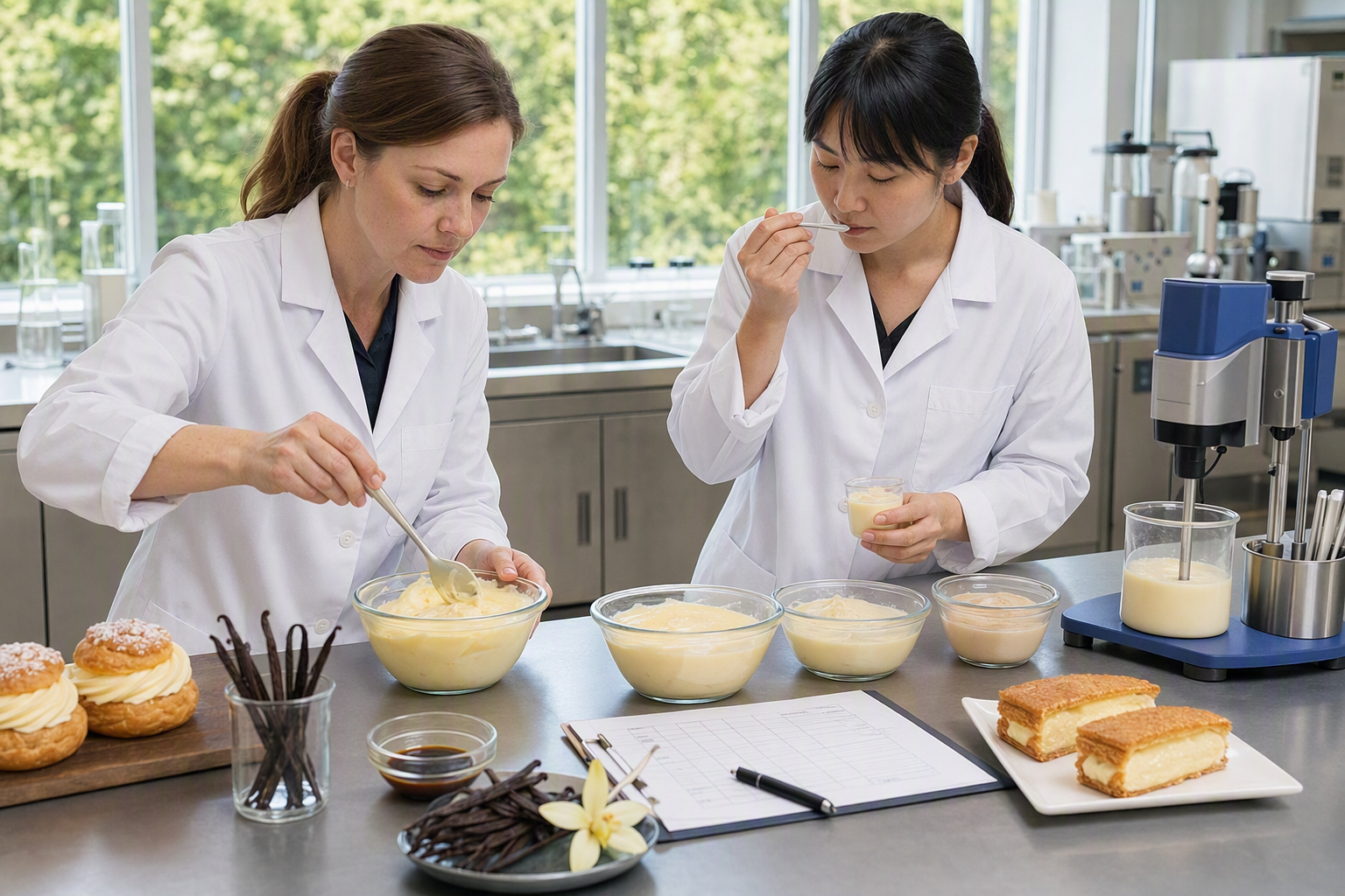 Flavorist and application scientist comparing vanilla flavor in cream and bakery filling