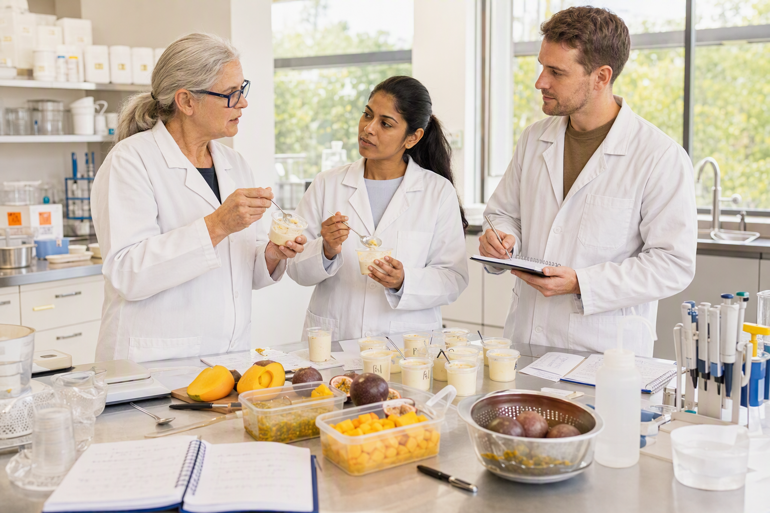 Cross-functional flavor experts reviewing evidence for a cultured dairy submission
