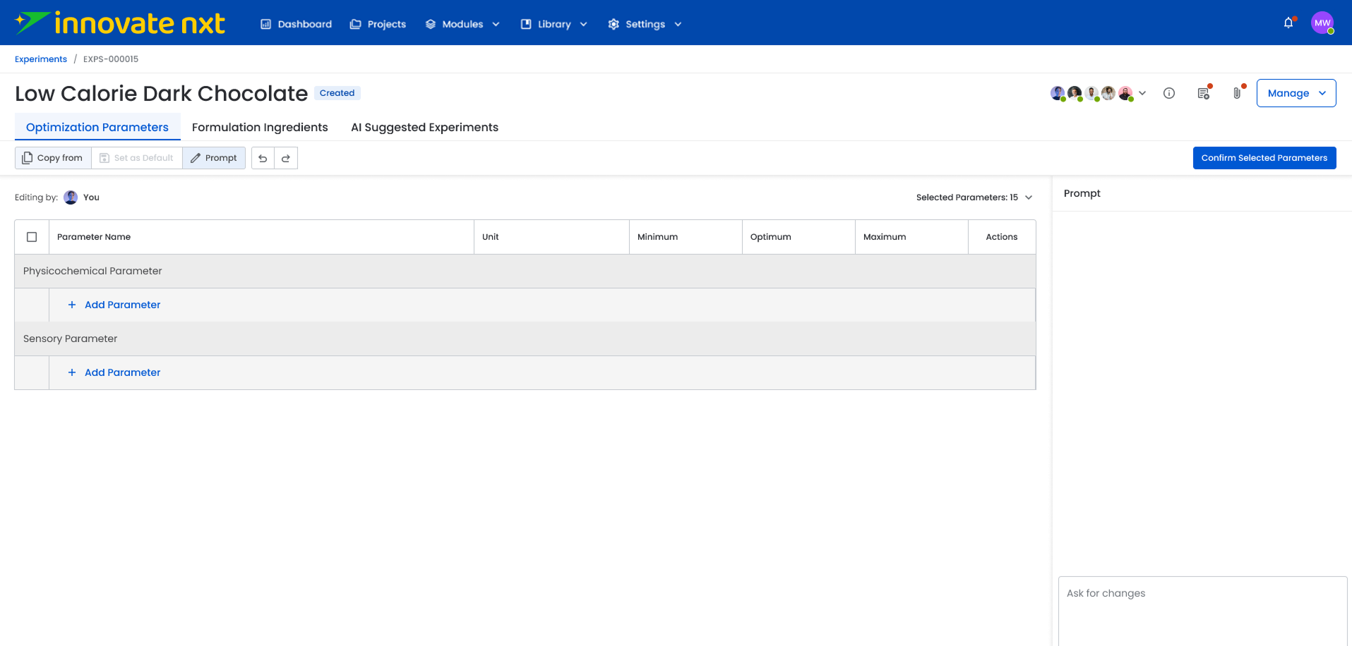 Innovate Nxt workspace comparing formulation parameters and requirements